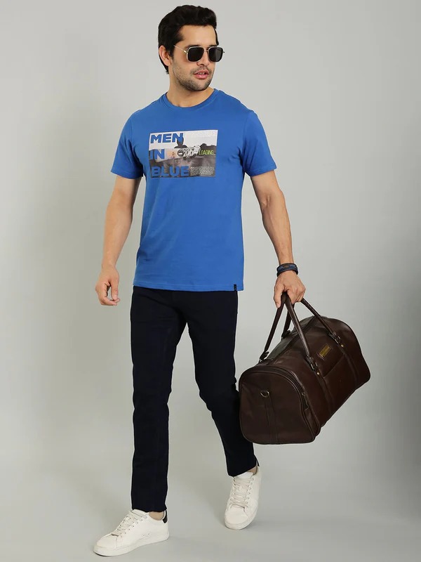 Indian Terrain Men's Half Sleeve Regular Fit Blue Round Neck T-Shirt